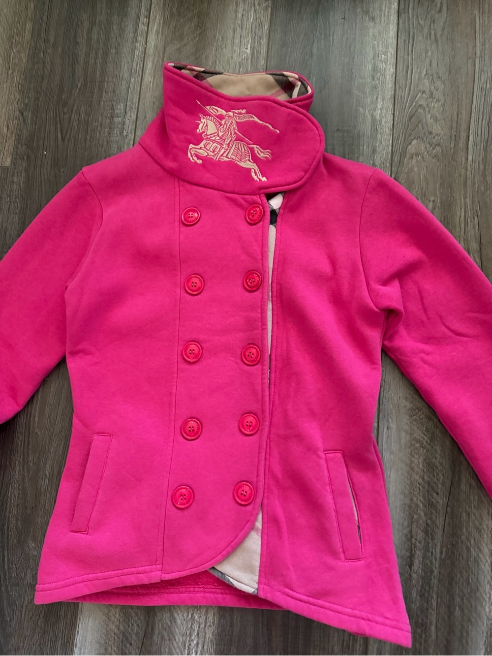 Burberry Hot Pink Double-Breasted Pea Coat with Embroidered Collar